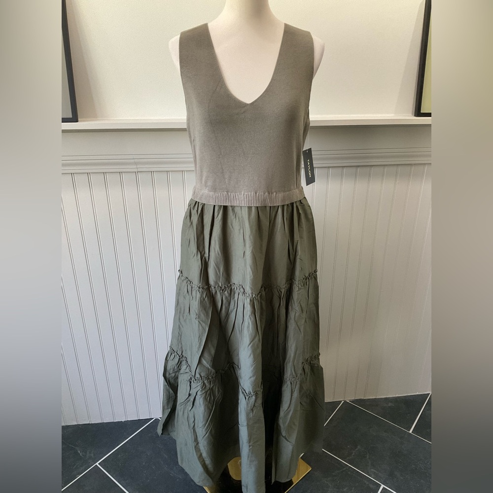 Taylor Mixed Media Maxi Dress L NWT Olive Tiered Cotton Skirt Sweater Tank Top - Picture 2 of 3
